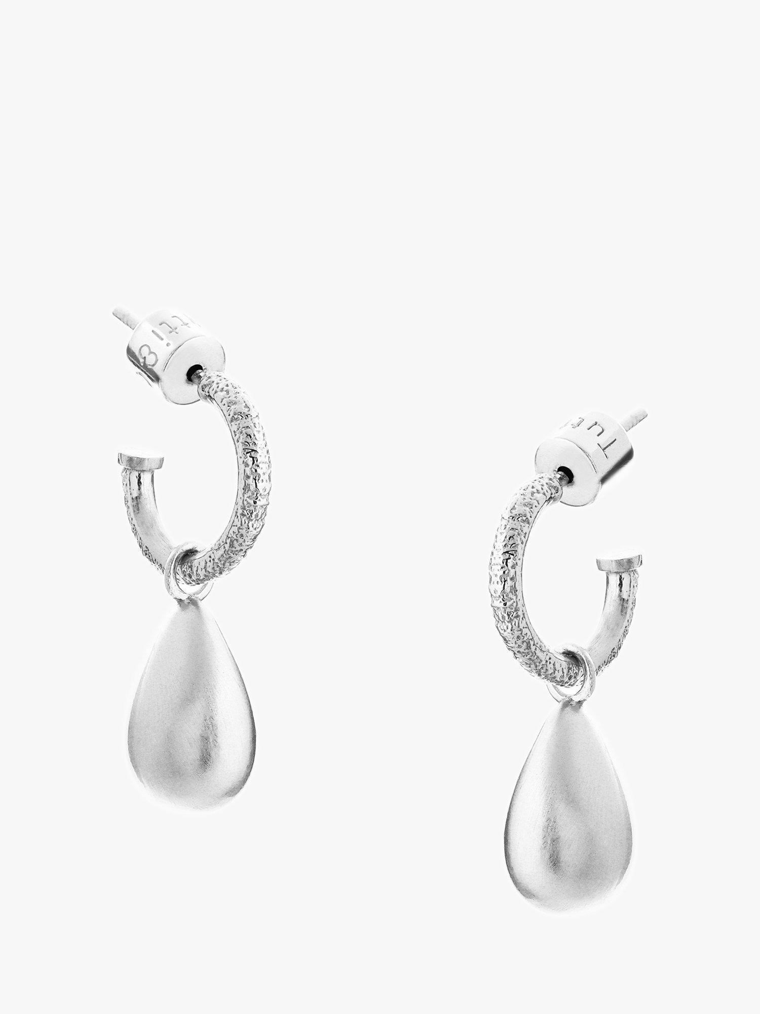 Product image 1 of 3, which shows Tutti & Co Cubic Brushed Finish Dome Drop Hoop Earrings, Silver