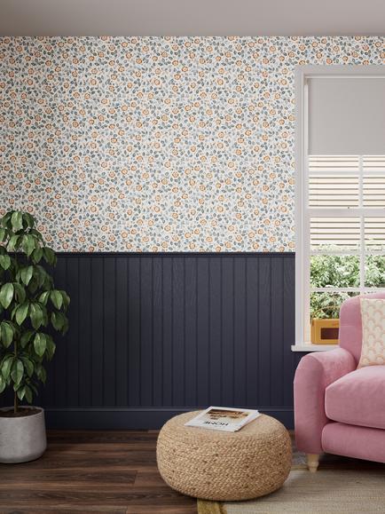 John Lewis Marlow Trail Wallpaper, Avocado/Ochre - view 2, Auburn/ Bluestone