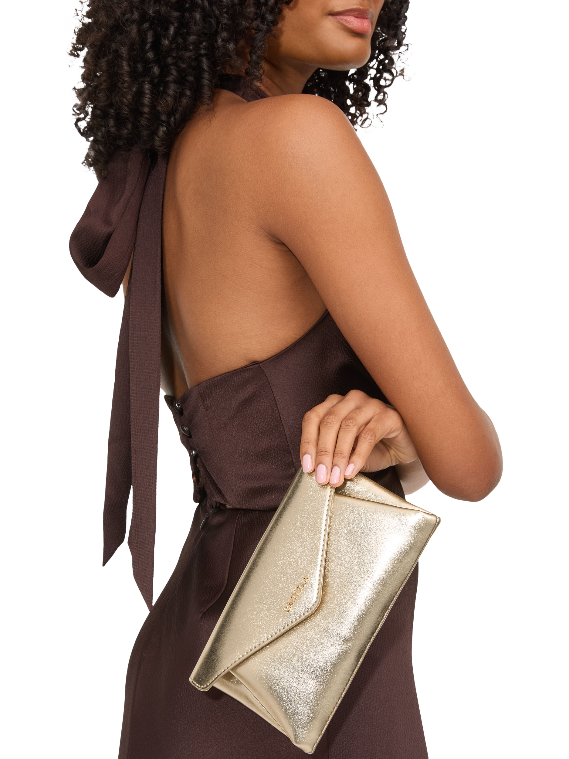 Product image 2 of 6, which shows Carvela Megan Envelope Flap Over Clutch Bag, Gold