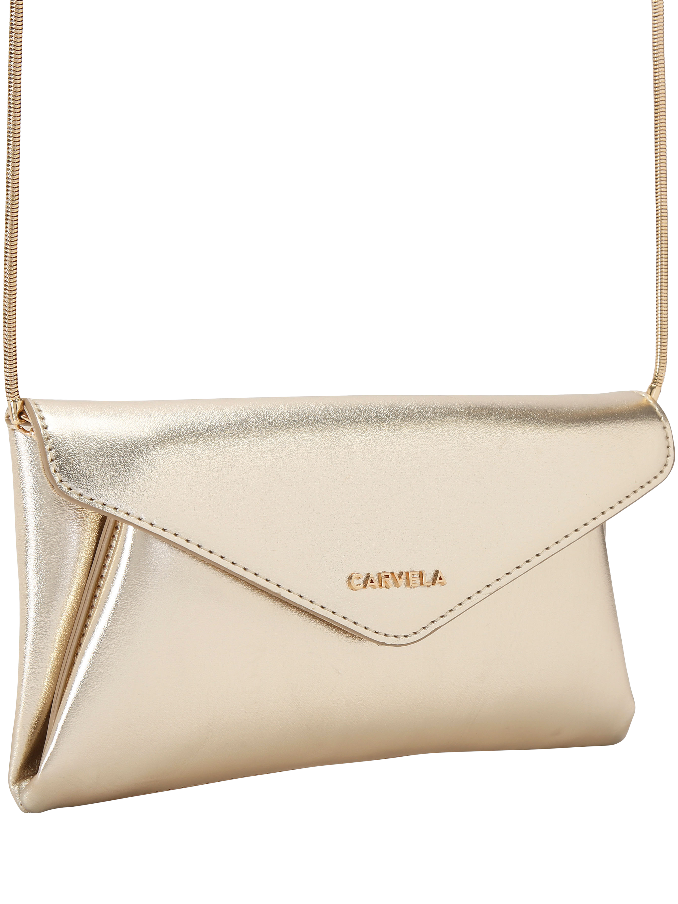 Product image 4 of 6, which shows Carvela Megan Envelope Flap Over Clutch Bag, Gold