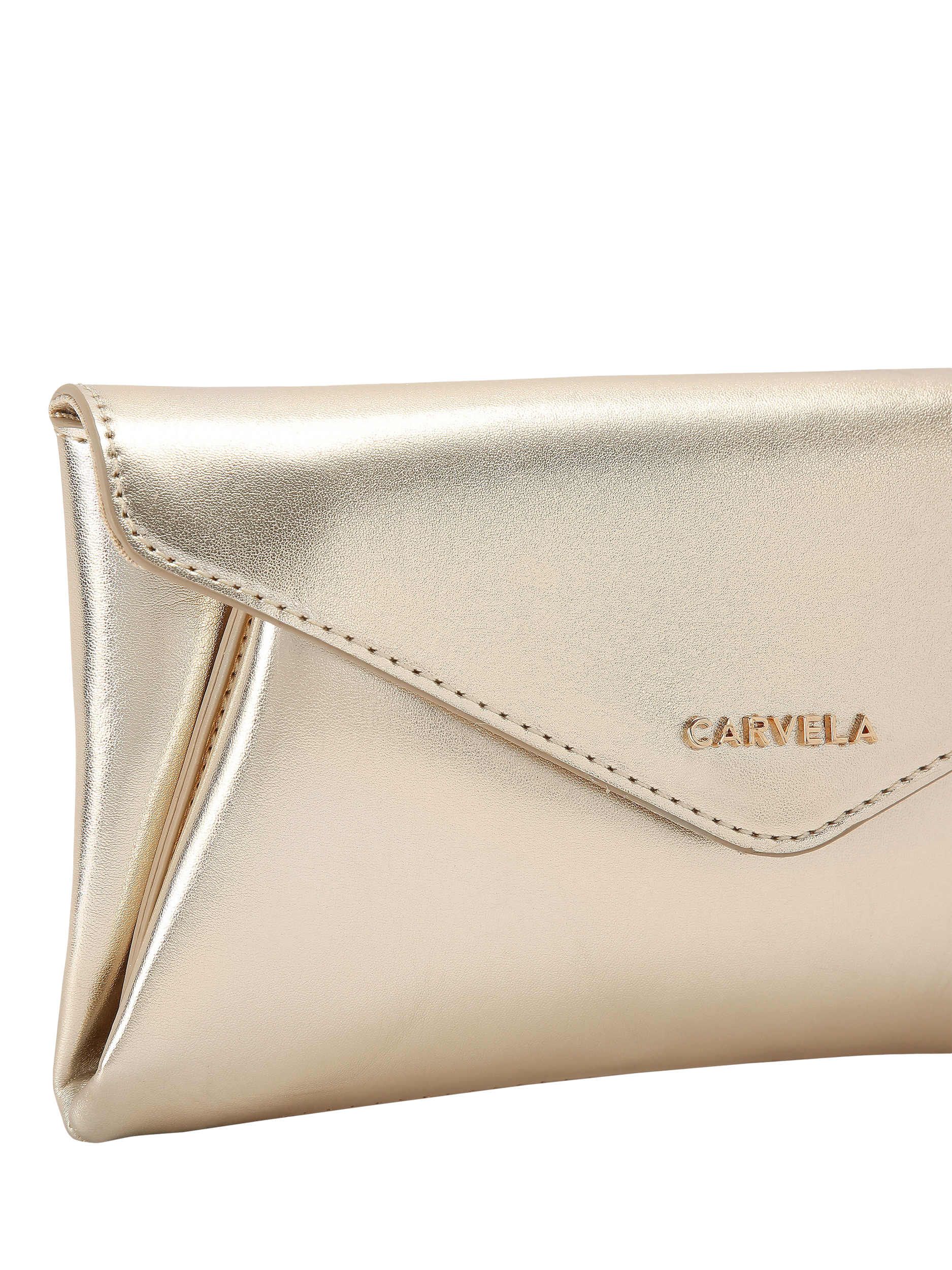 Product image 6 of 6, which shows Carvela Megan Envelope Flap Over Clutch Bag, Gold