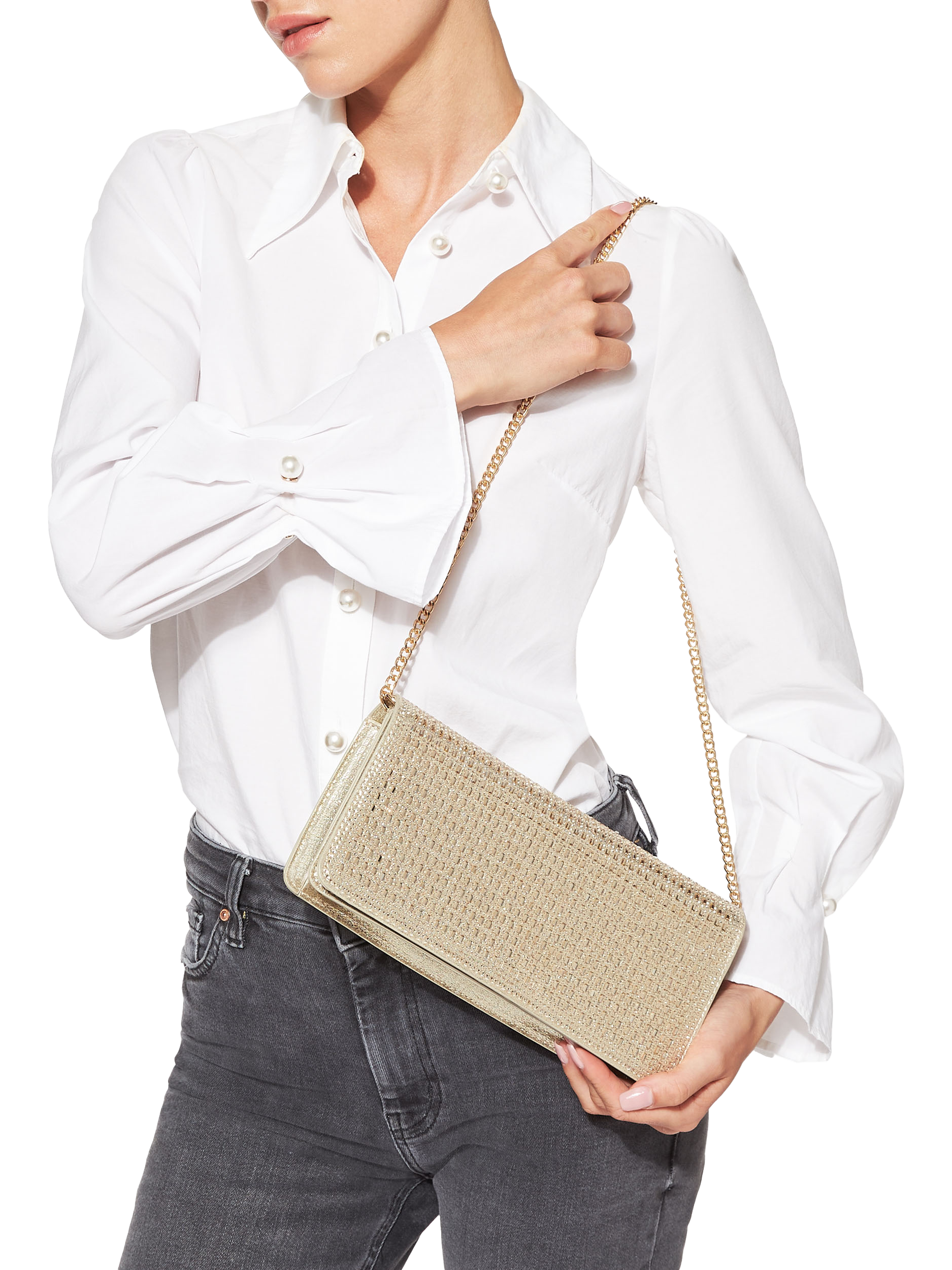 Product image 2 of 6, which shows KG Kurt Geiger Fleur Crystal Clutch Bag, Gold