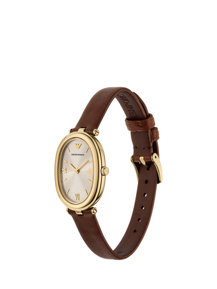 Emporio Armani AR11708 Women's Oval Leather Strap Watch, Brown - view 2, Brown