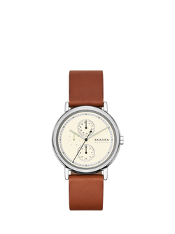 Skagen SKW6942 Men's Round Leather Strap Watch, White, White