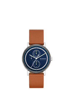 Skagen SKW6943 Men's Round Leather Strap Watch, Blue, Blue