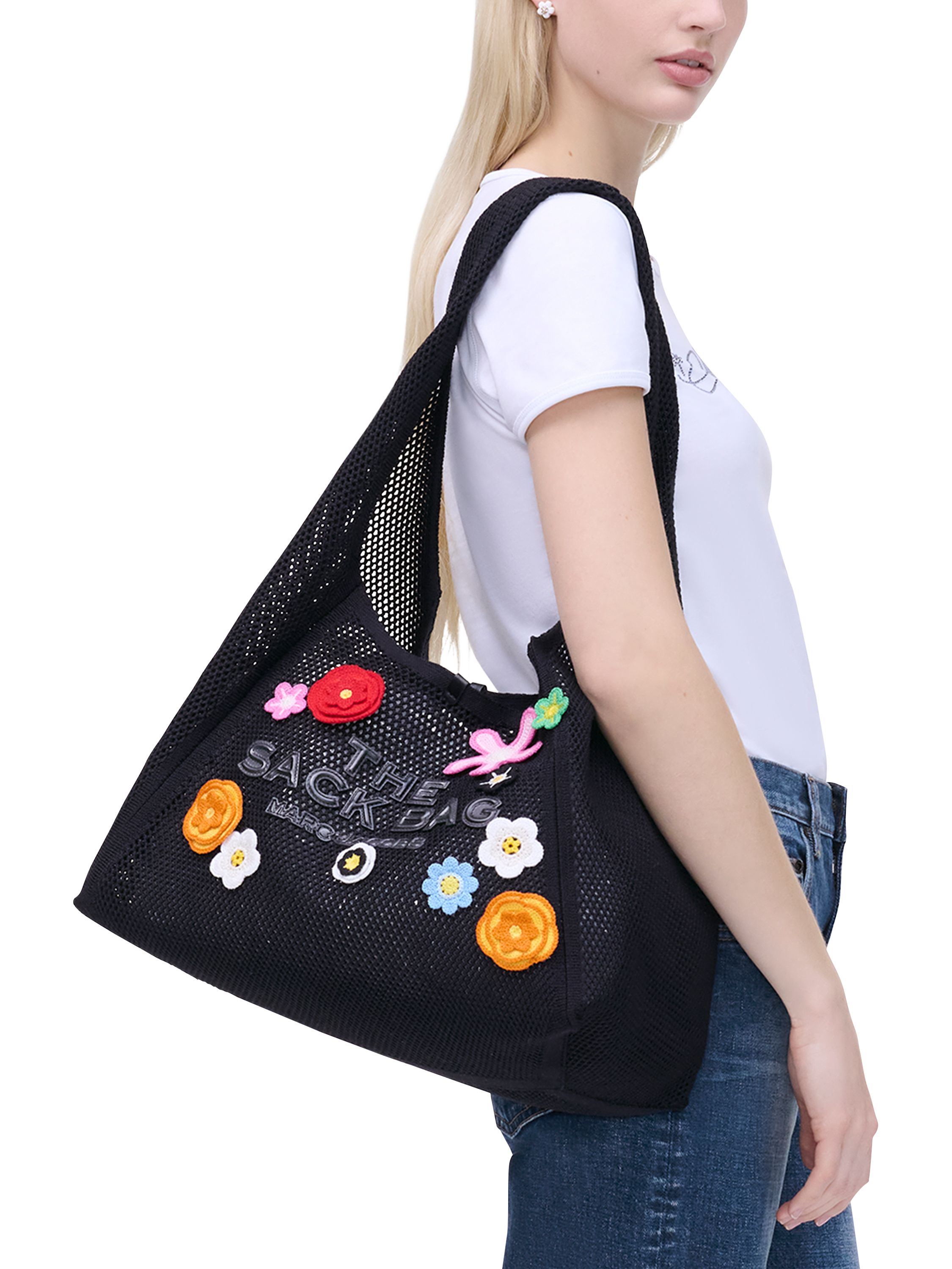 Product image 2 of 7, which shows Marc Jacobs The Sack Daisy Crochet Shoulder Bag, Black Multi
