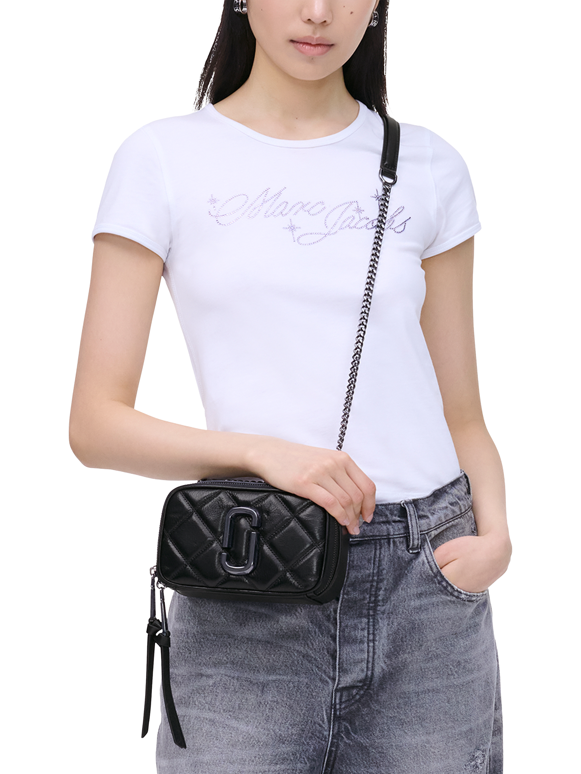 Product image 2 of 8, which shows Marc Jacobs Quilted Leather The Snapshot Cross Body Bag, Black