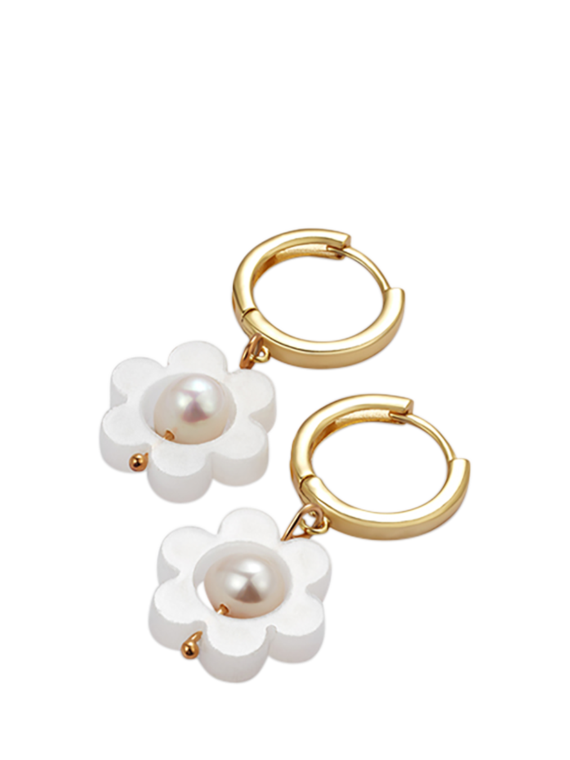 Product image 2 of 3, which shows Toolally Flower Pearl Huggie Earrings, White/Gold