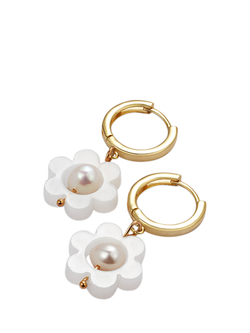 Toolally Flower Pearl Huggie Earrings - view 2, Gold/White