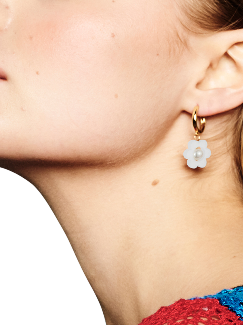 Product image 3 of 3, which shows Toolally Flower Pearl Huggie Earrings, White/Gold