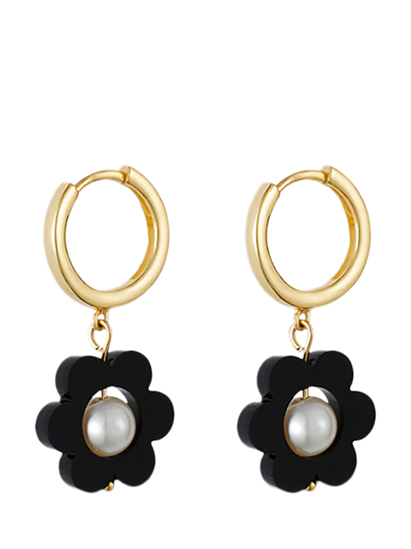Product image 1 of 3, which shows Toolally Flower Pearl Huggie Earrings, Black/Gold