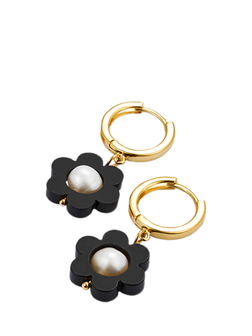 Product image 2 of 3, which shows Toolally Flower Pearl Huggie Earrings, Black/Gold