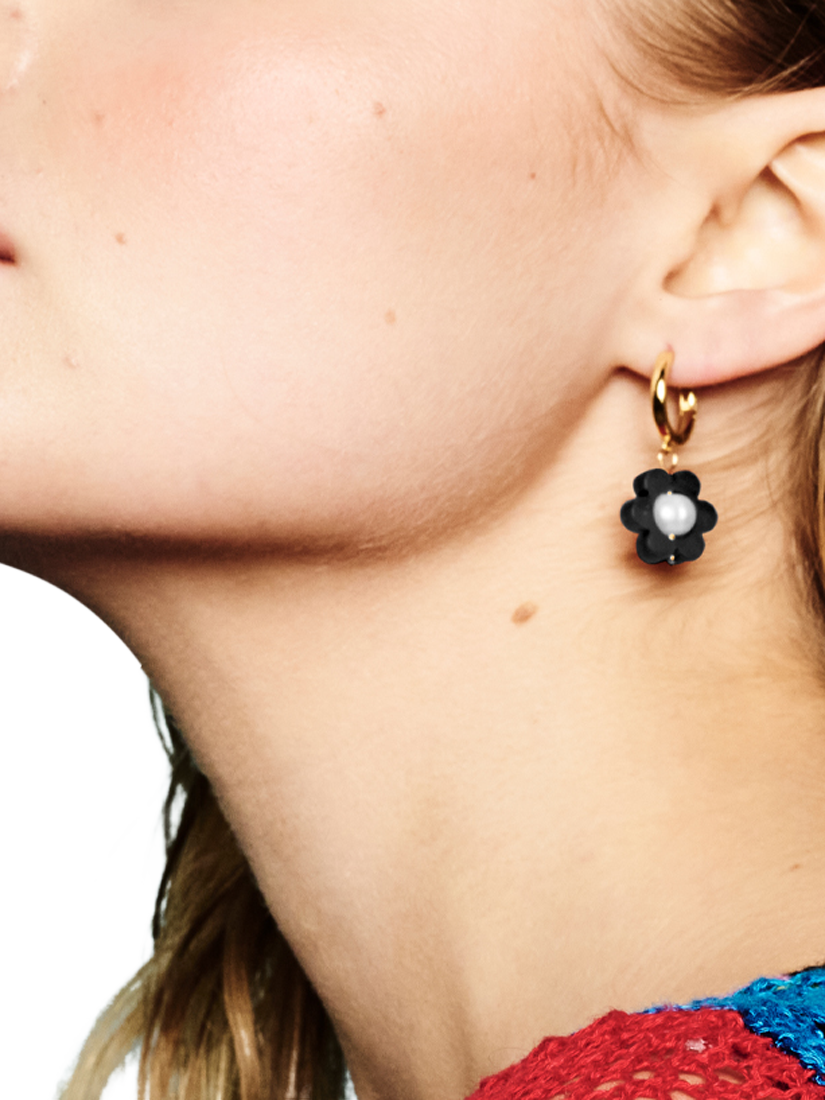 Product image 3 of 3, which shows Toolally Flower Pearl Huggie Earrings, Black/Gold
