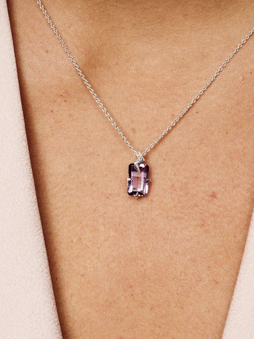 Product image 3 of 3, which shows Toolally Gemstone Bolt Pendant Necklace, Silver, Pink Amethyst/Silver