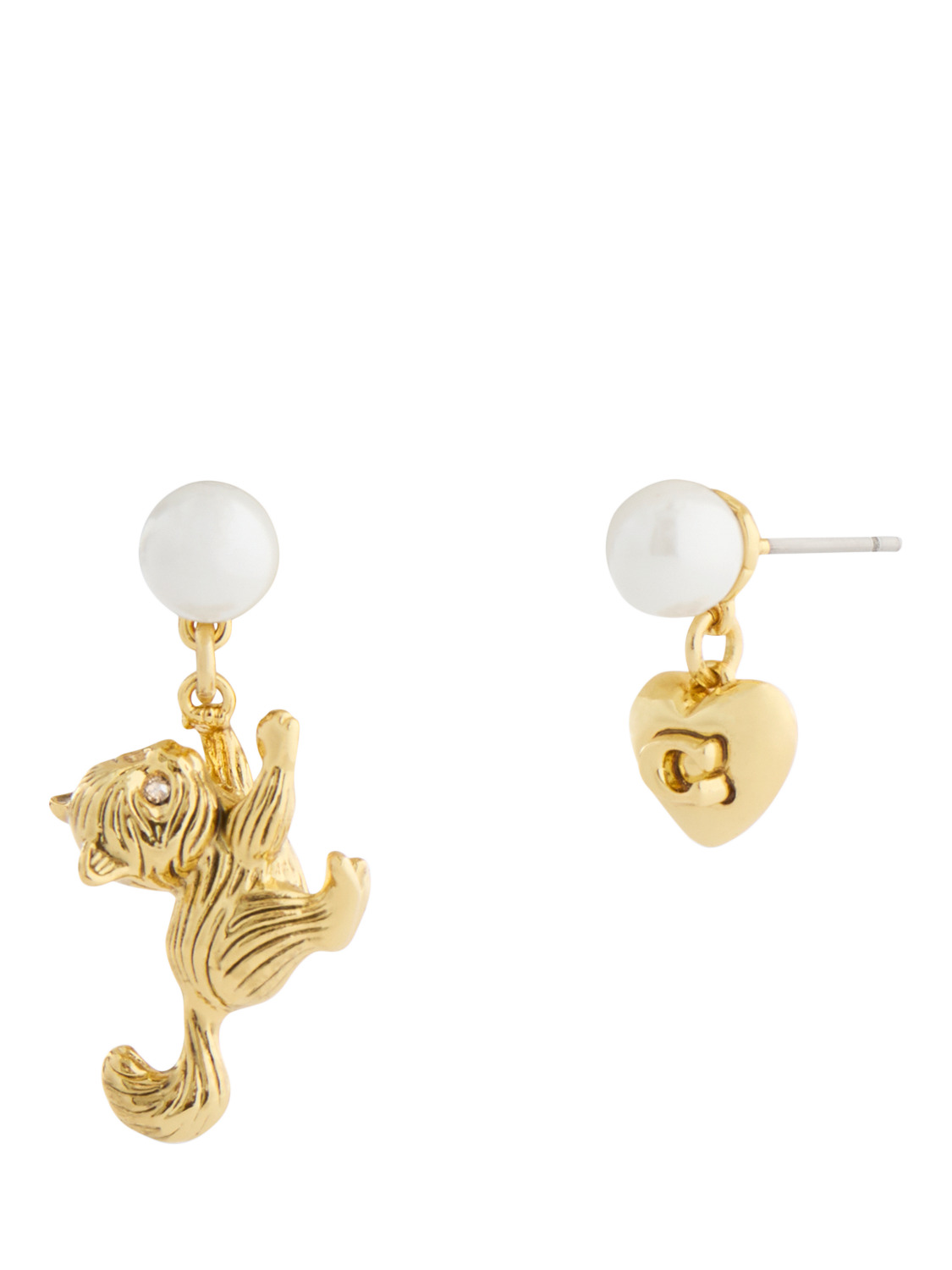 Coach Cat and Heart Pearl Stud Earrings, Gold