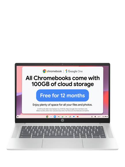 HP Chromebook 14a-nf0003na Laptop, Intel N100 Processor, 8GB RAM, 128GB, 14” Full HD, Glacier Silver, Glacier Silver