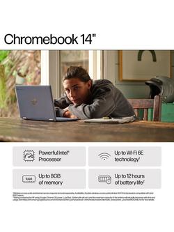 HP Chromebook 14a-nf0003na Laptop, Intel N100 Processor, 8GB RAM, 128GB, 14” Full HD, Glacier Silver - view 2, Glacier Silver
