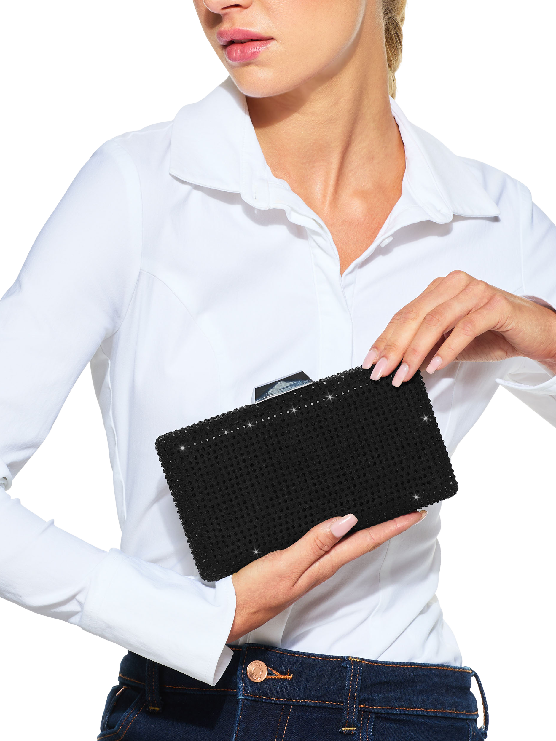 Product image 2 of 6, which shows KG Kurt Geiger Bella Gem Clutch Bag, Black