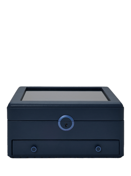 WOLF Earth Apple Leather Watch Stand Box with Glass Lid, Midnight Blue