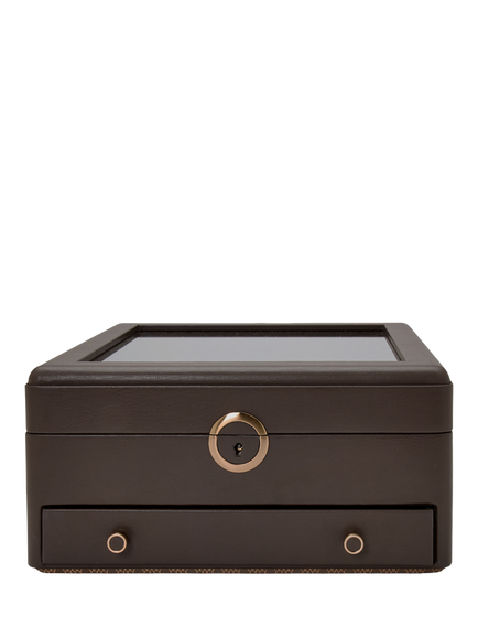 WOLF Earth Apple Leather Watch Stand Box with Glass Lid, Coffee