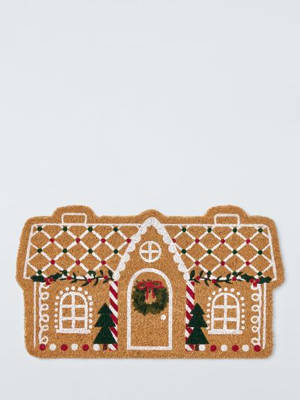 John Lewis Christmas Gingerbread House Door Mat, Red/Multi, Red