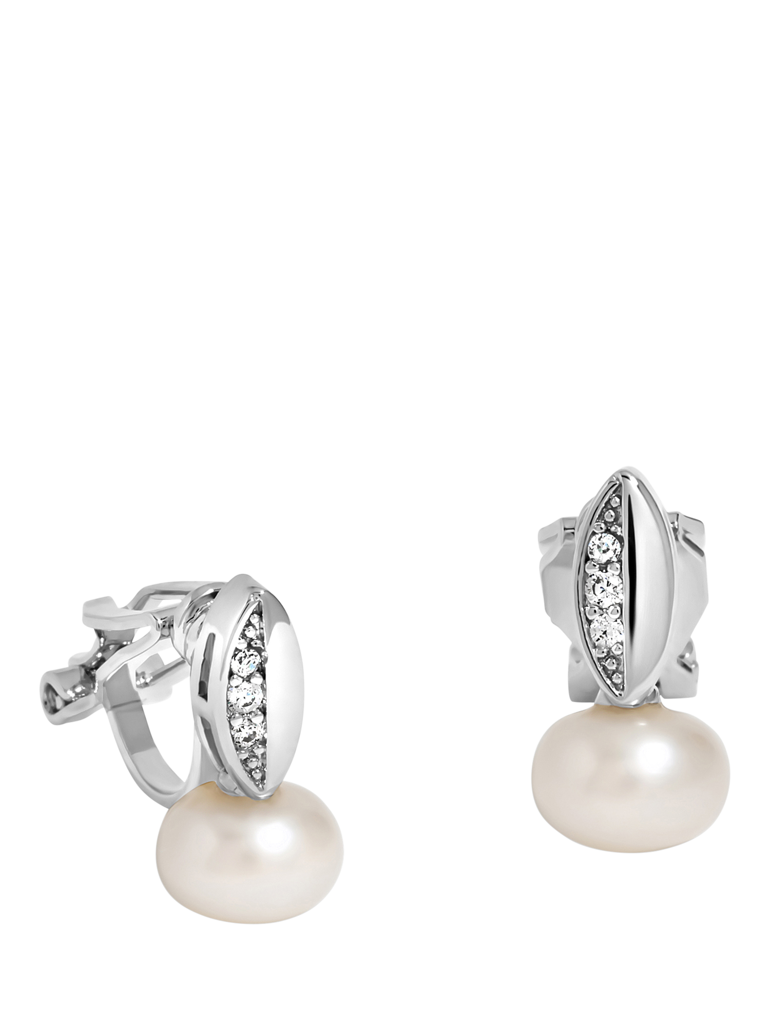 Product image 1 of 1, which shows Jon Richard Rhodium Plated Cubic Zirconia and Pearl Drop Earrings, Silver