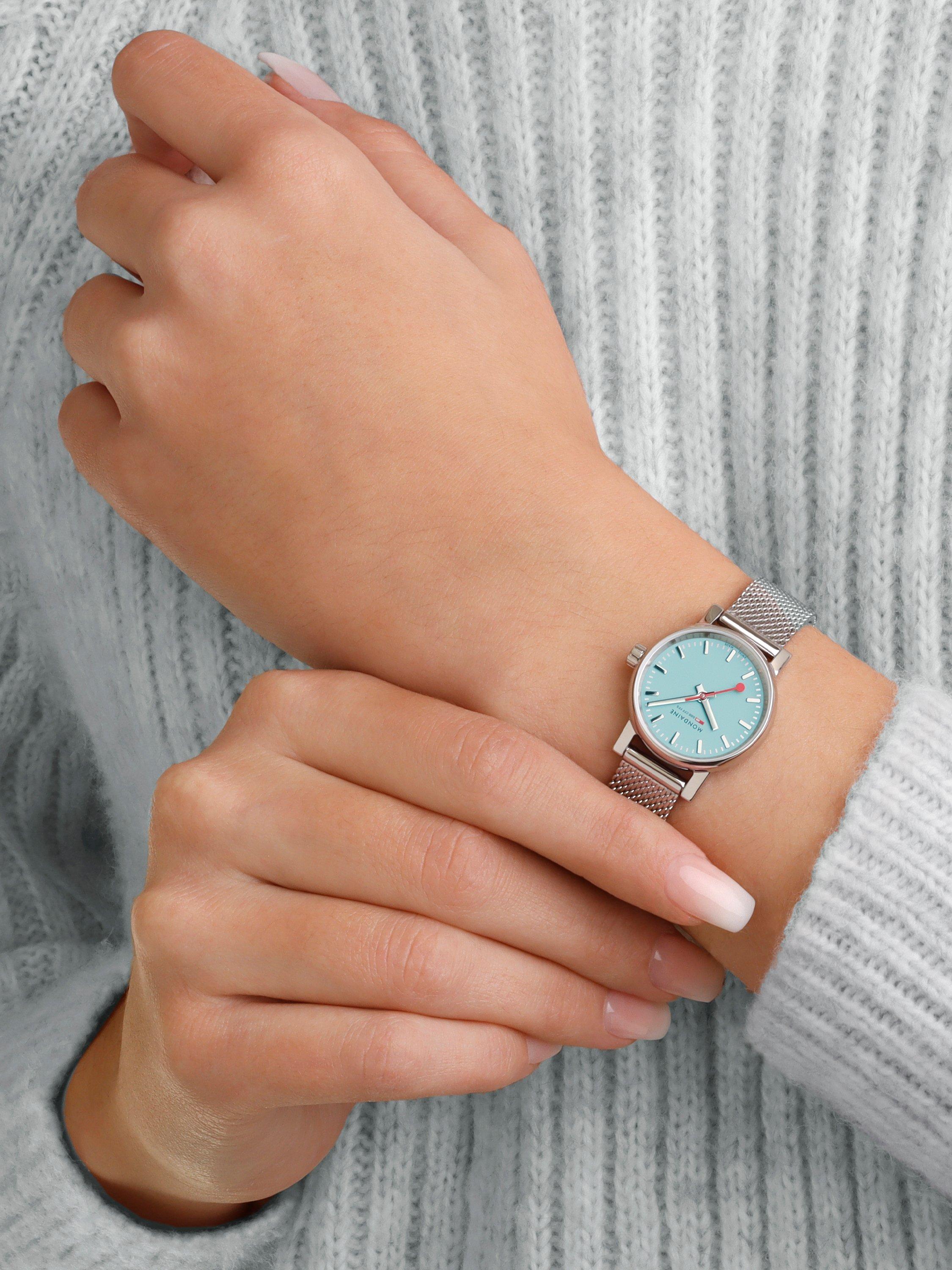 Product image 6 of 7, which shows Mondaine Women's Evo 2 MSE26140SM Turquoise Lake Bracelet Strap Watch, Silver