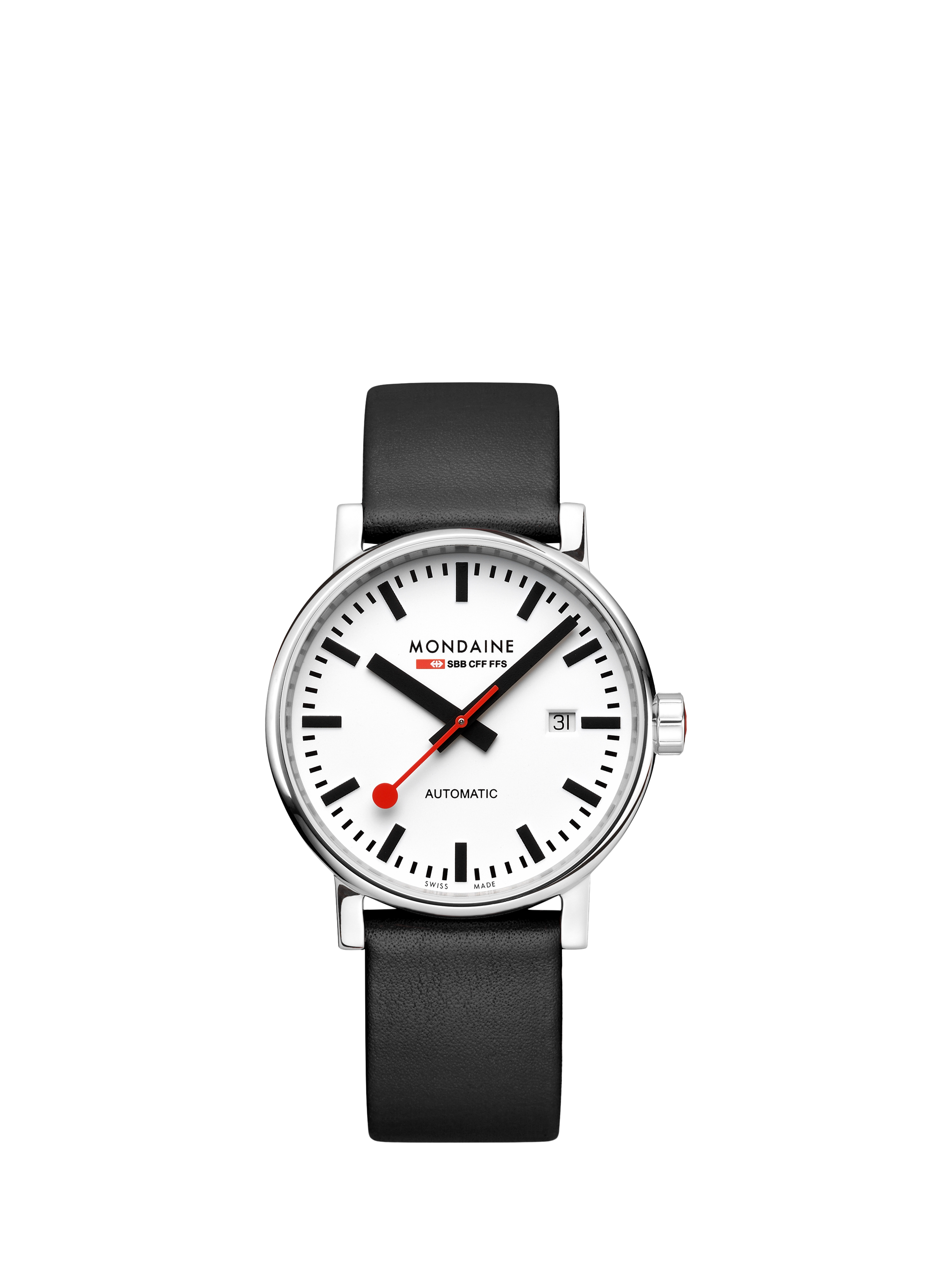 Product image 1 of 9, which shows Mondaine Unisex Automatic Evo 2 MSE40610LBV Vegan Leather Strap Watch, Black