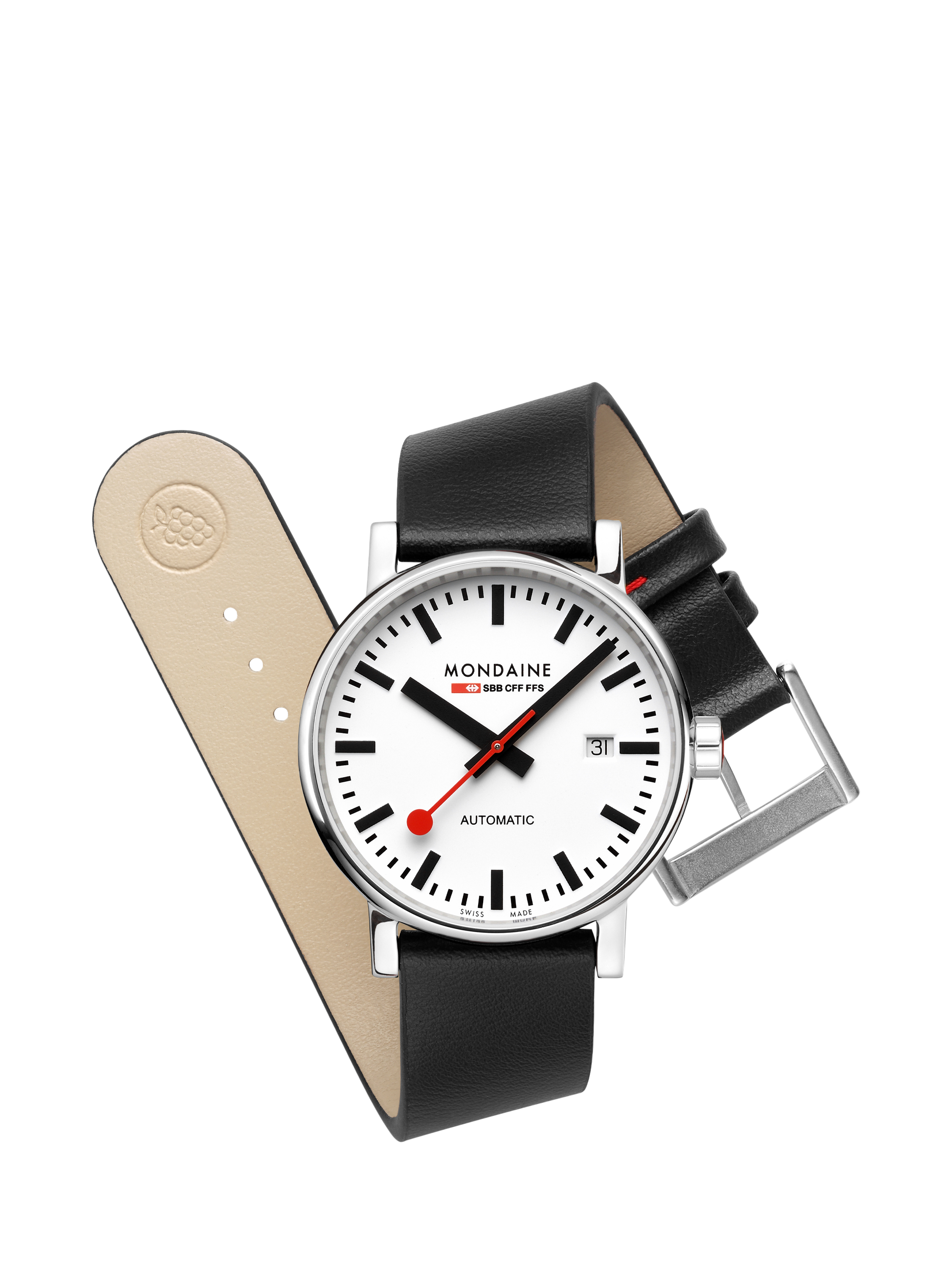 Product image 7 of 9, which shows Mondaine Unisex Automatic Evo 2 MSE40610LBV Vegan Leather Strap Watch, Black