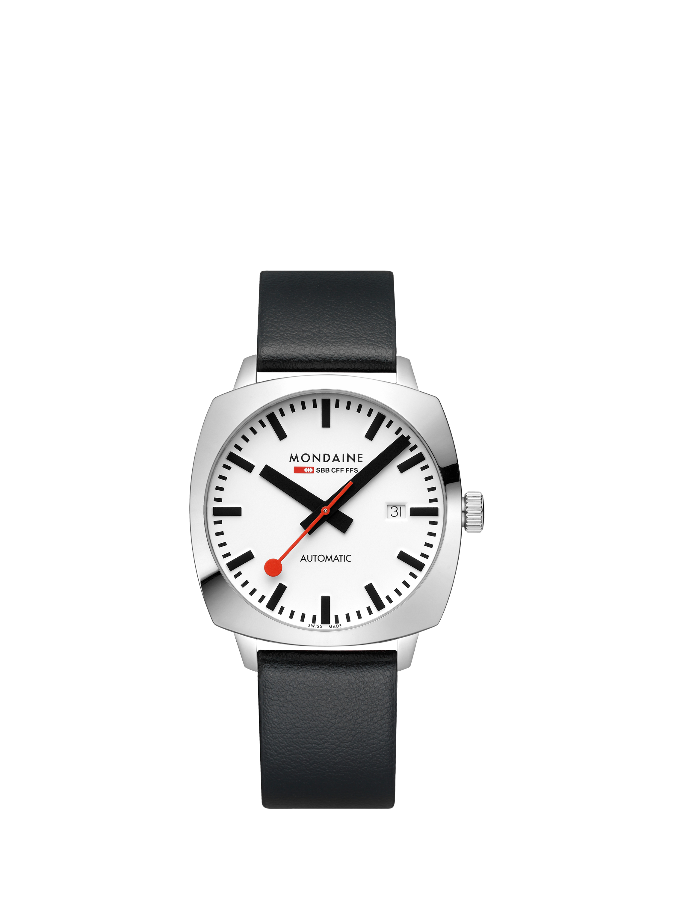 Product image 1 of 11, which shows Mondaine Men's Cushion Automatic MSL3961BLBV Vegan Leather Strap Watch, Black