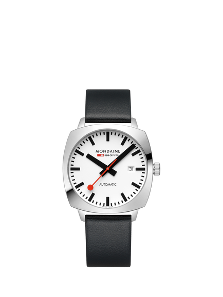 Mondaine MSL3961BLBV Men's Cushion 39mm Automatic Vegan Leather Strap Watch, Black, Black