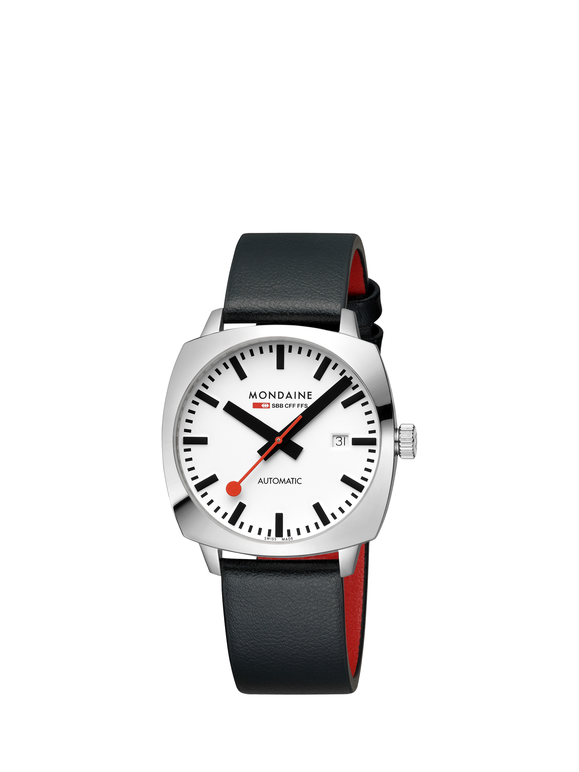 Product image 2 of 11, which shows Mondaine Men's Cushion Automatic MSL3961BLBV Vegan Leather Strap Watch, Black