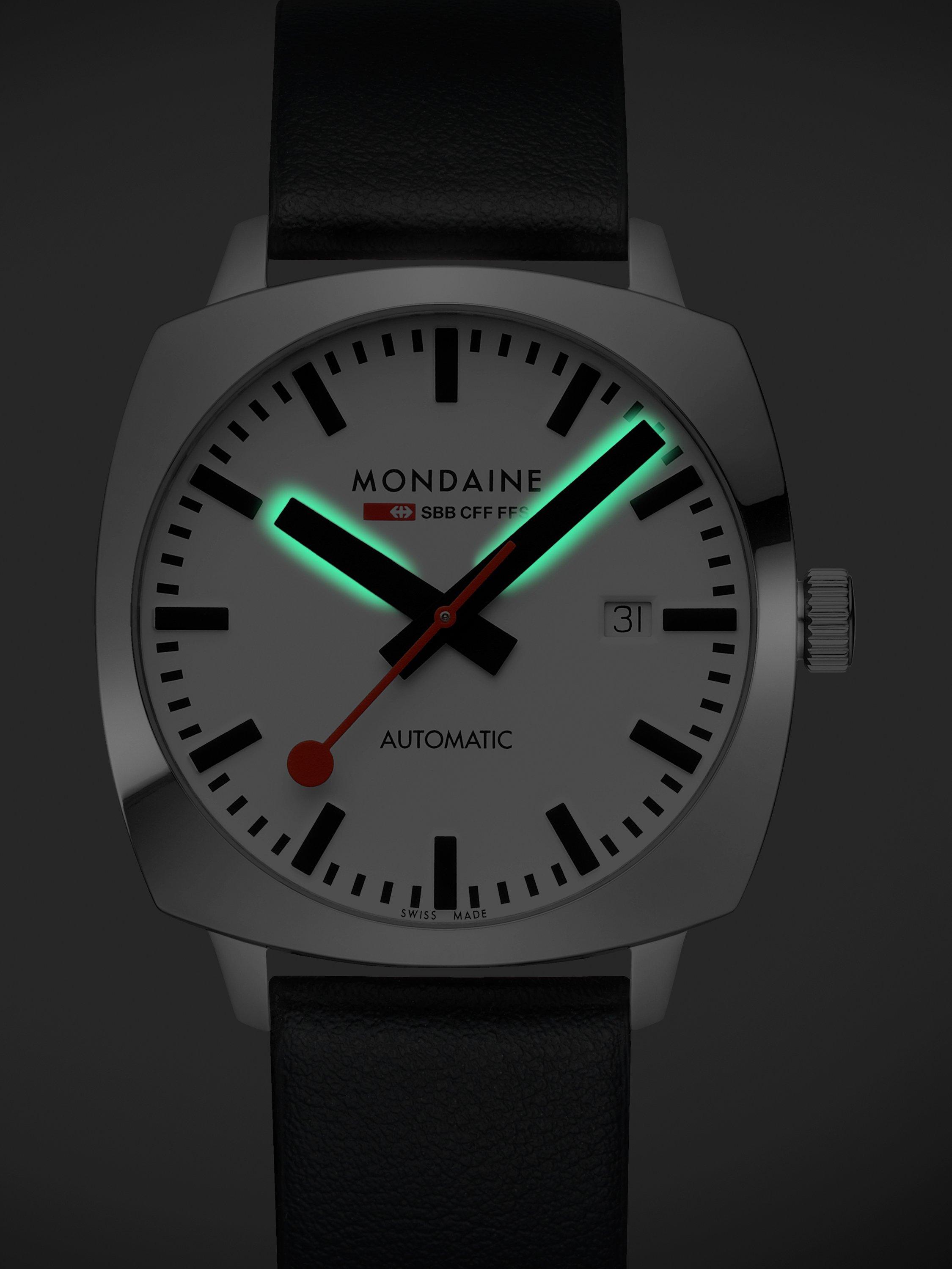 Product image 8 of 11, which shows Mondaine Men's Cushion Automatic MSL3961BLBV Vegan Leather Strap Watch, Black