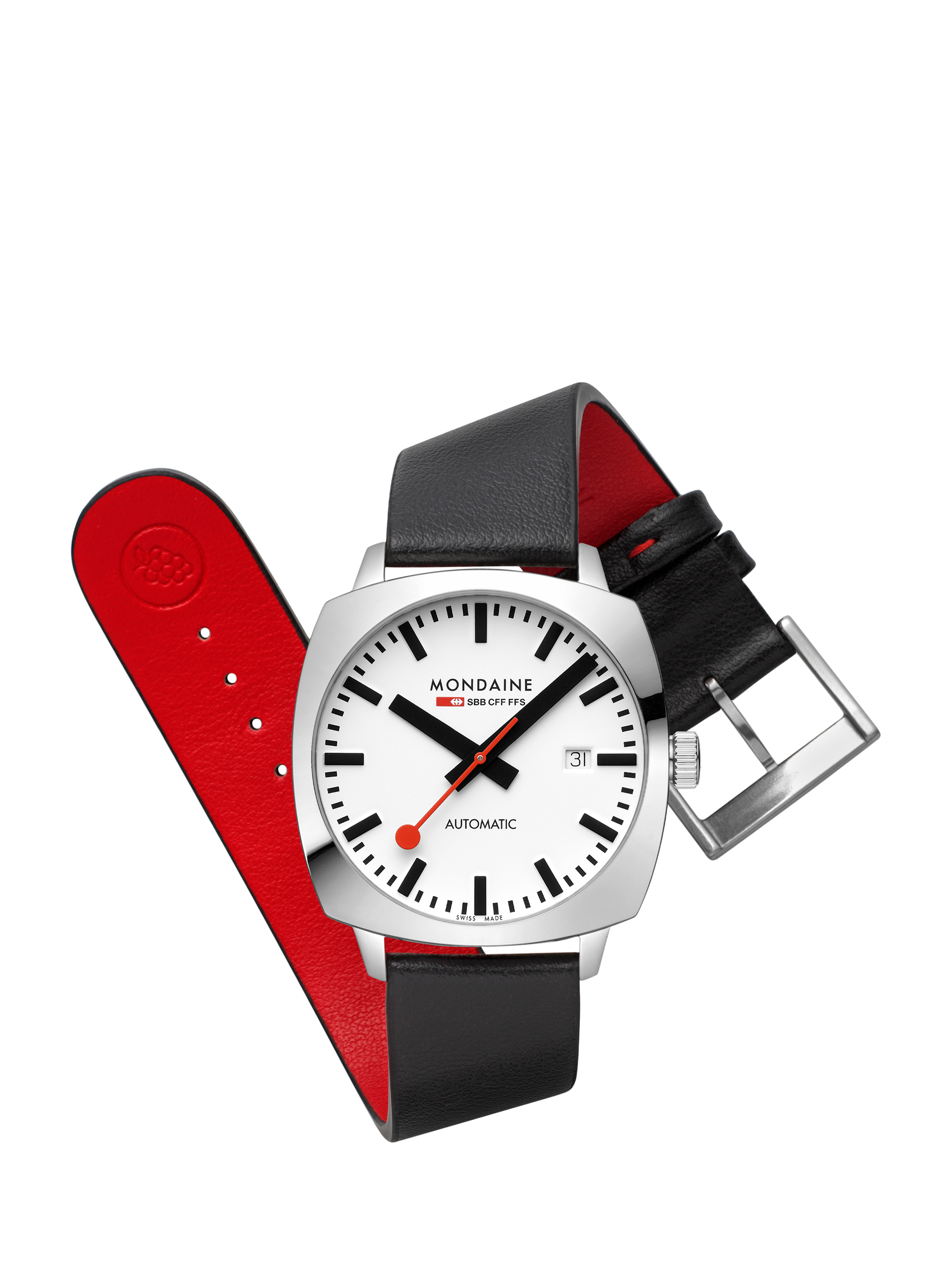 Product image 10 of 11, which shows Mondaine Men's Cushion Automatic MSL3961BLBV Vegan Leather Strap Watch, Black