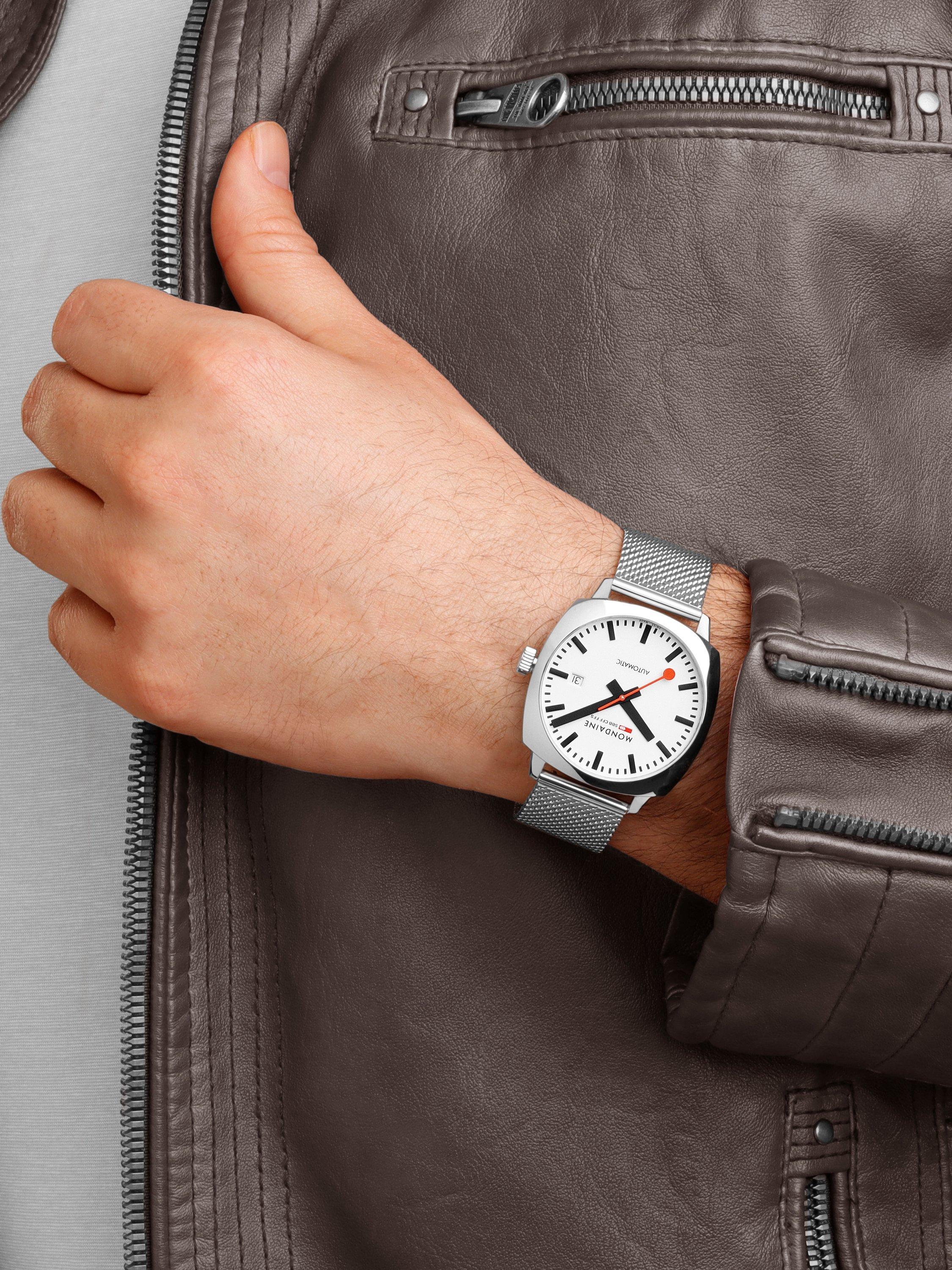 Product image 6 of 9, which shows Mondaine Men's Cushion Automatic MSL3961BLBV Bracelet Strap Watch, Silver