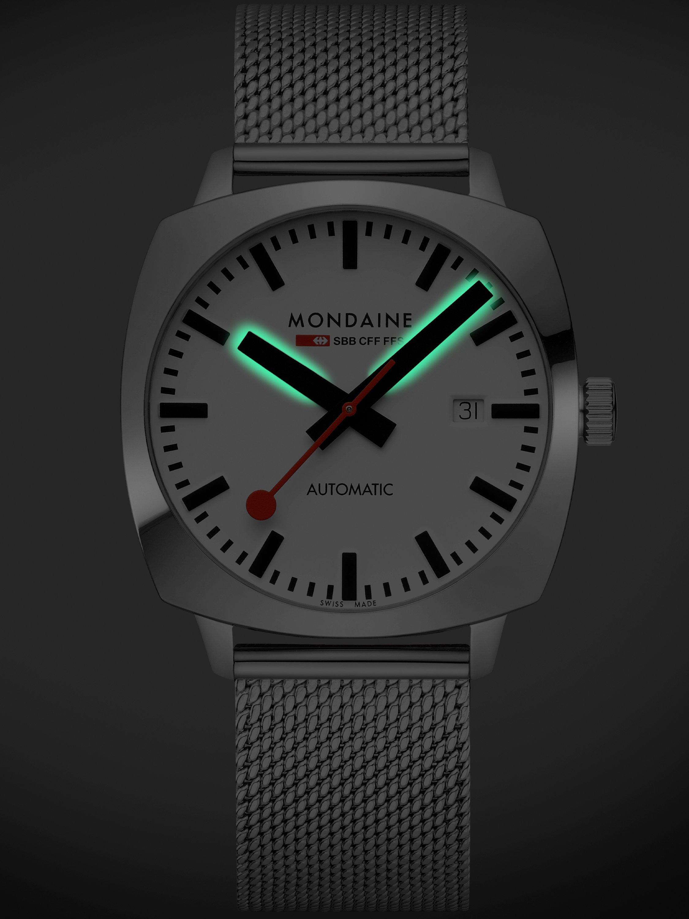 Product image 7 of 9, which shows Mondaine Men's Cushion Automatic MSL3961BLBV Bracelet Strap Watch, Silver