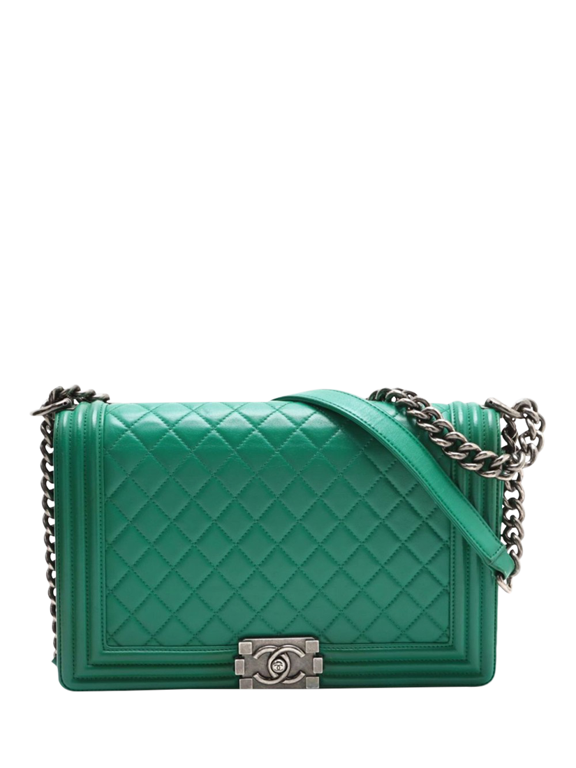 Pre-loved CHANEL 2017 Boy Quilted Lambskin Large Shoulder Bag, Green