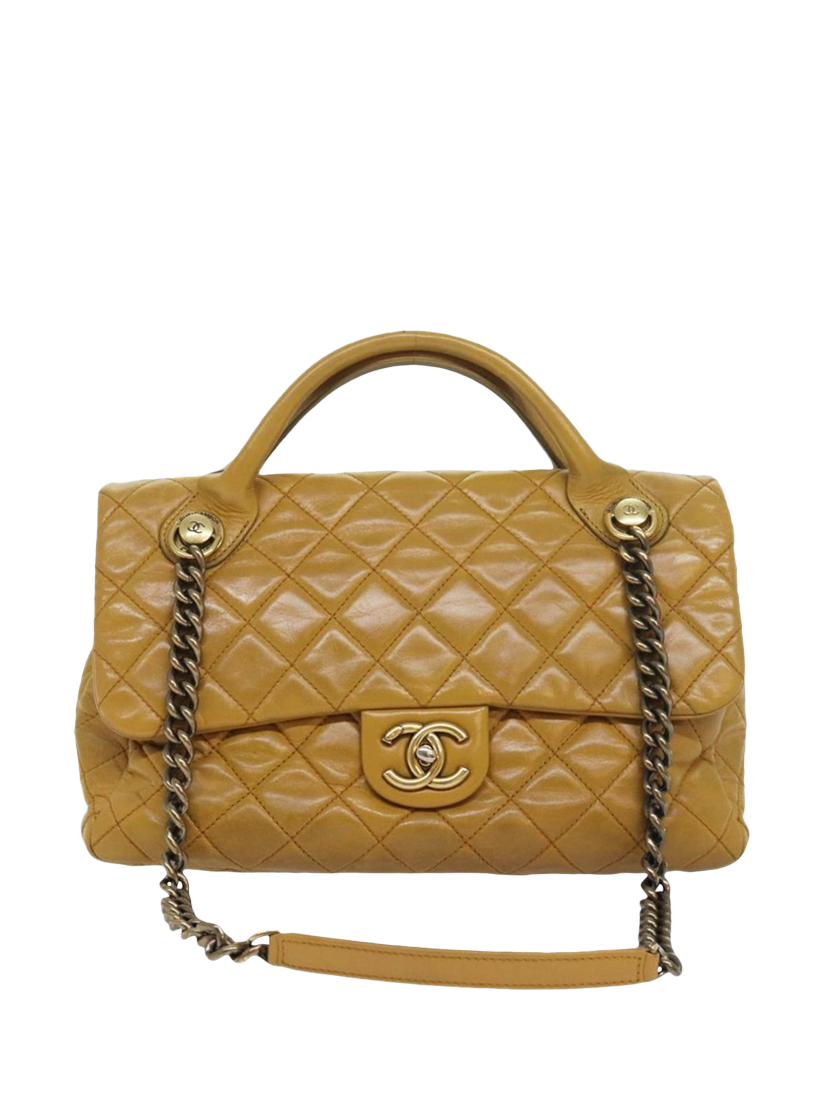 Product image 1 of 10, which shows Pre-loved CHANEL 2013 Castle Rock Lambskin Shoulder Bag, Mustard