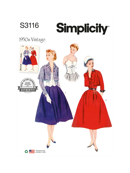 Simplicity Misses' 1950s Vintage Bolero Suit and Bodice Sewing Pattern, S3116, Multi