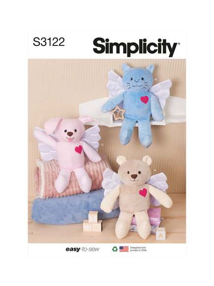 Simplicity Animal Angels Plush Toy Sewing Pattern, S3122, Multi