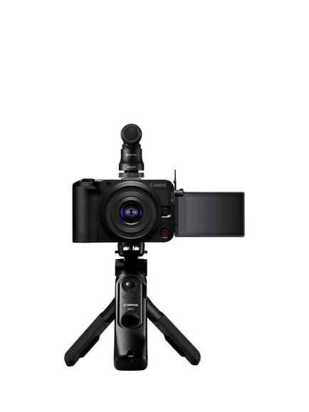 Canon EOS R50 V Compact System Camera with RF-S 14-30mm Power Zoom Lens, 4K Ultra HD, 24.2MP, Wi-Fi, Bluetooth, 3” Vari-Angle Touch Screen, Black, Creator Kit with Tripod Grip, 128GB Memory Card & Stereo Microphone, Black
