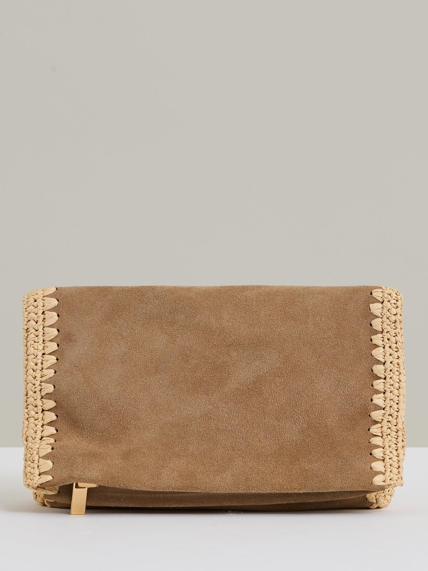 Reiss Emie Raffia Trim Suede Clutch Bag, Tan
