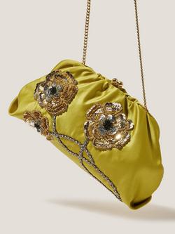 Monsoon Sora Satin Clutch Bag, Olive, Olive