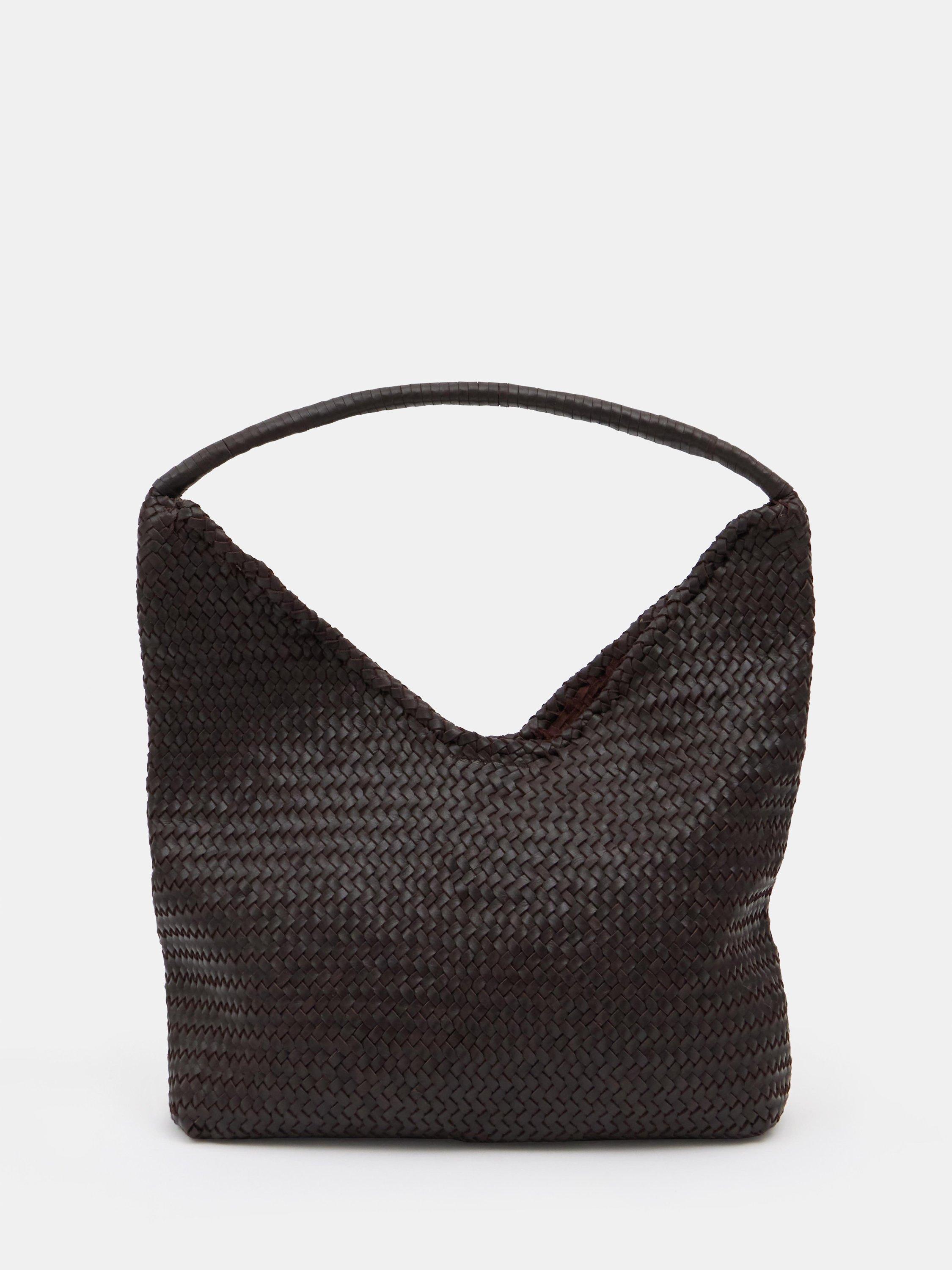 Product image 1 of 5, which shows HUSH Leather Woven Tote Bag, Burgundy