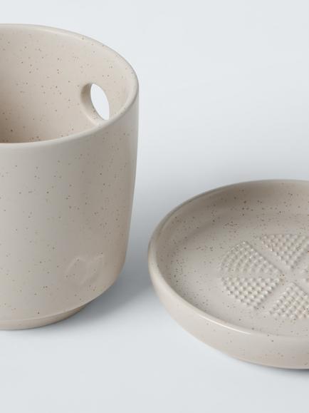 John Lewis X Deliciously Ella Stoneware Garlic Pot & Grater Plate, White - view 2, Stone