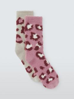 John Lewis Fluffy Animal Print Socks, Pack of 2, Pink/Oatmeal, Pink/Oatmeal