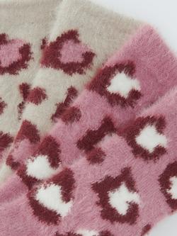 John Lewis Fluffy Animal Print Socks, Pack of 2, Pink/Oatmeal - view 2, Pink/Oatmeal
