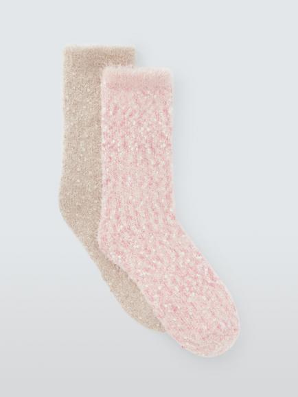 John Lewis Popcorn Fluffy Lounge Socks, Pink/Ivory, Pack of 2, Pink/Ivory