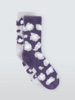 John Lewis Popcorn Fluffy Lounge Socks, Animal Print/Purple, Pack of 2, Purple/Lilac