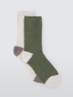 John Lewis Fluffy Bed Socks, Khaki/Ivory, Pack of 2, Khaki/Ivory